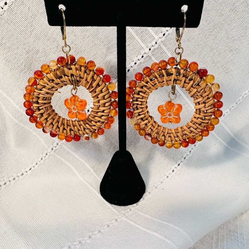 Orange Beaded Wicker Hoop Earrings
